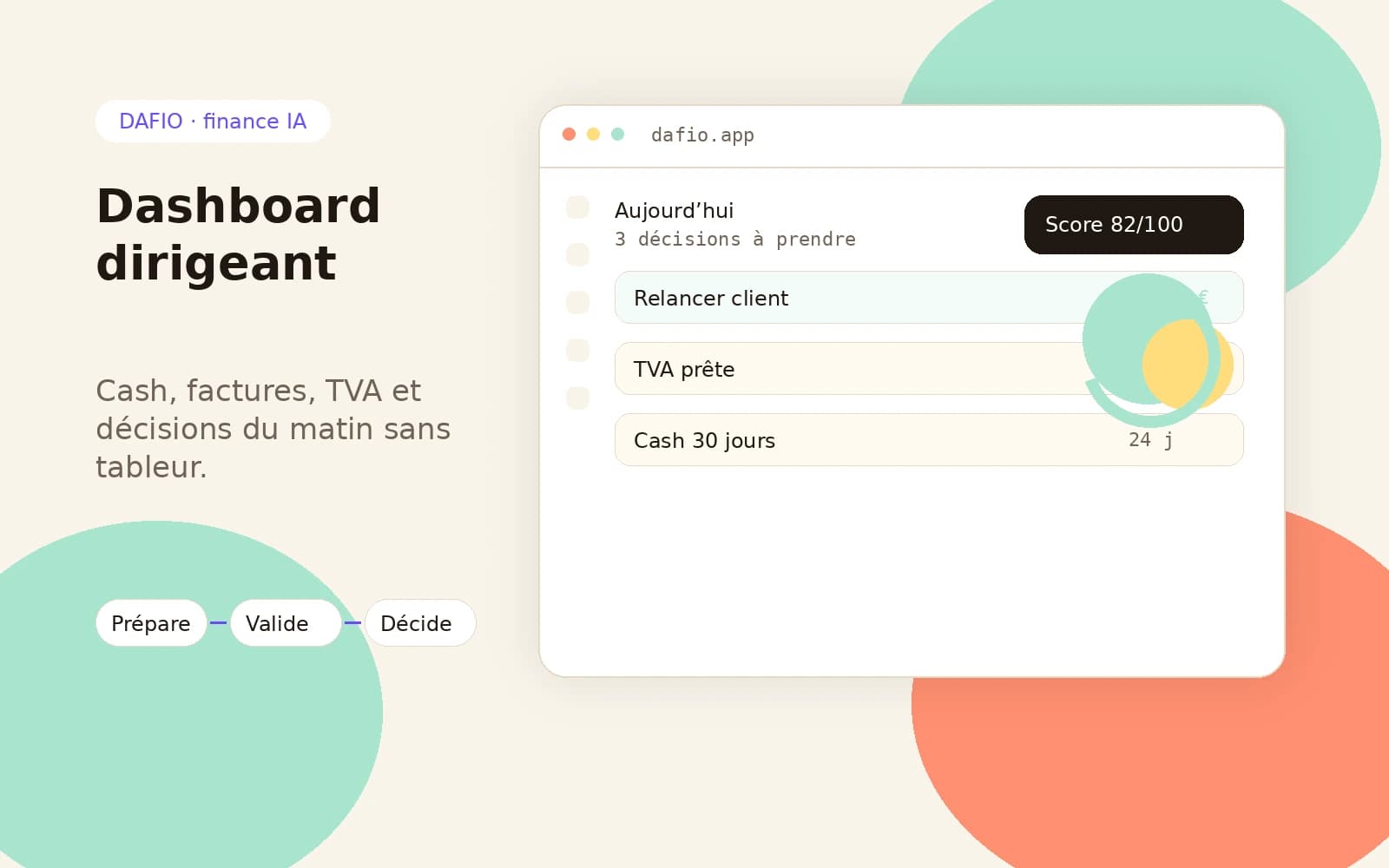 Dashboard DAFIO avec priorités du matin, trésorerie, TVA, relances et Copilote DAF.