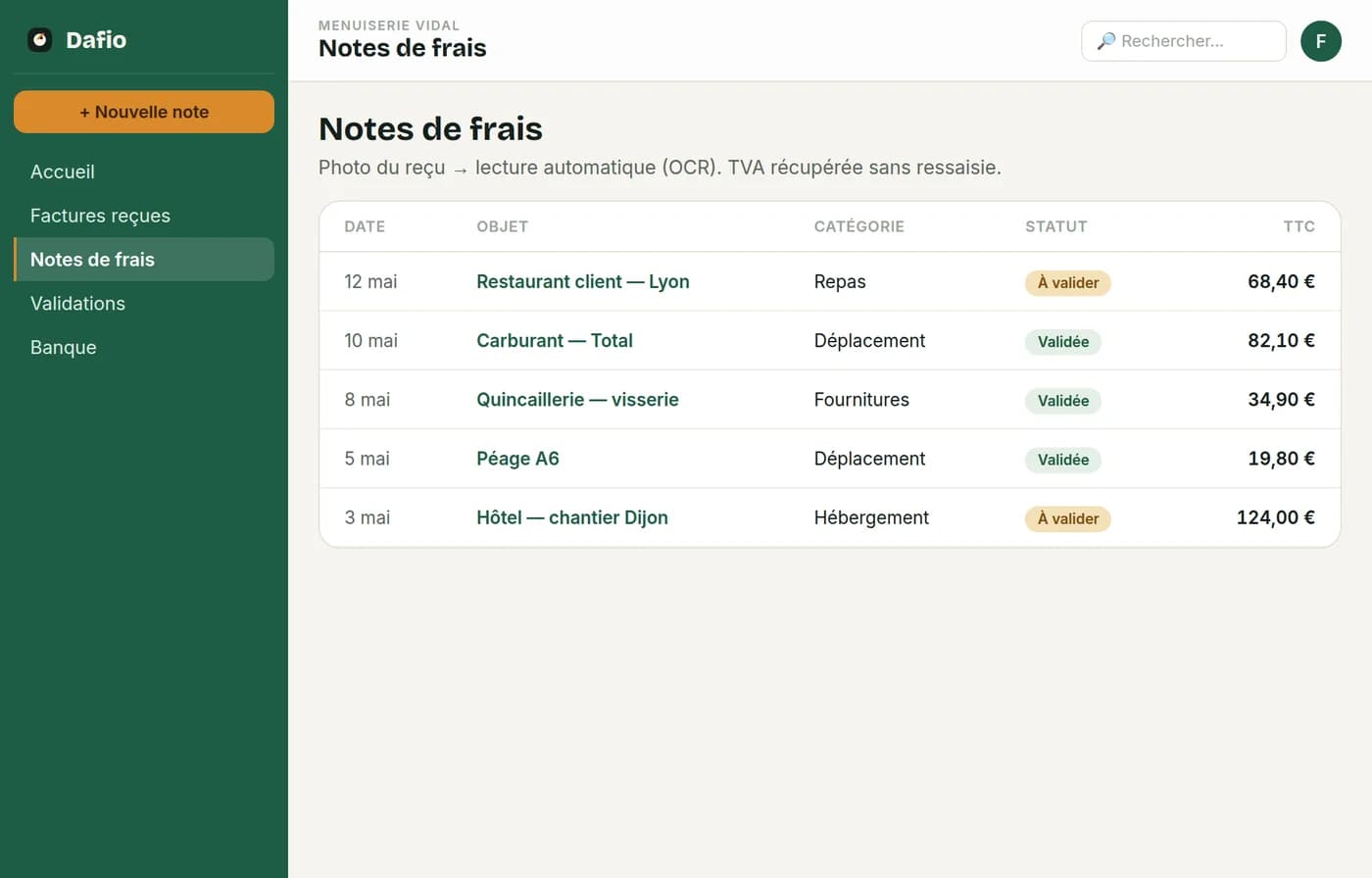 Parcours DAFIO de notes de frais avec OCR, justificatifs, TVA et rapprochement.