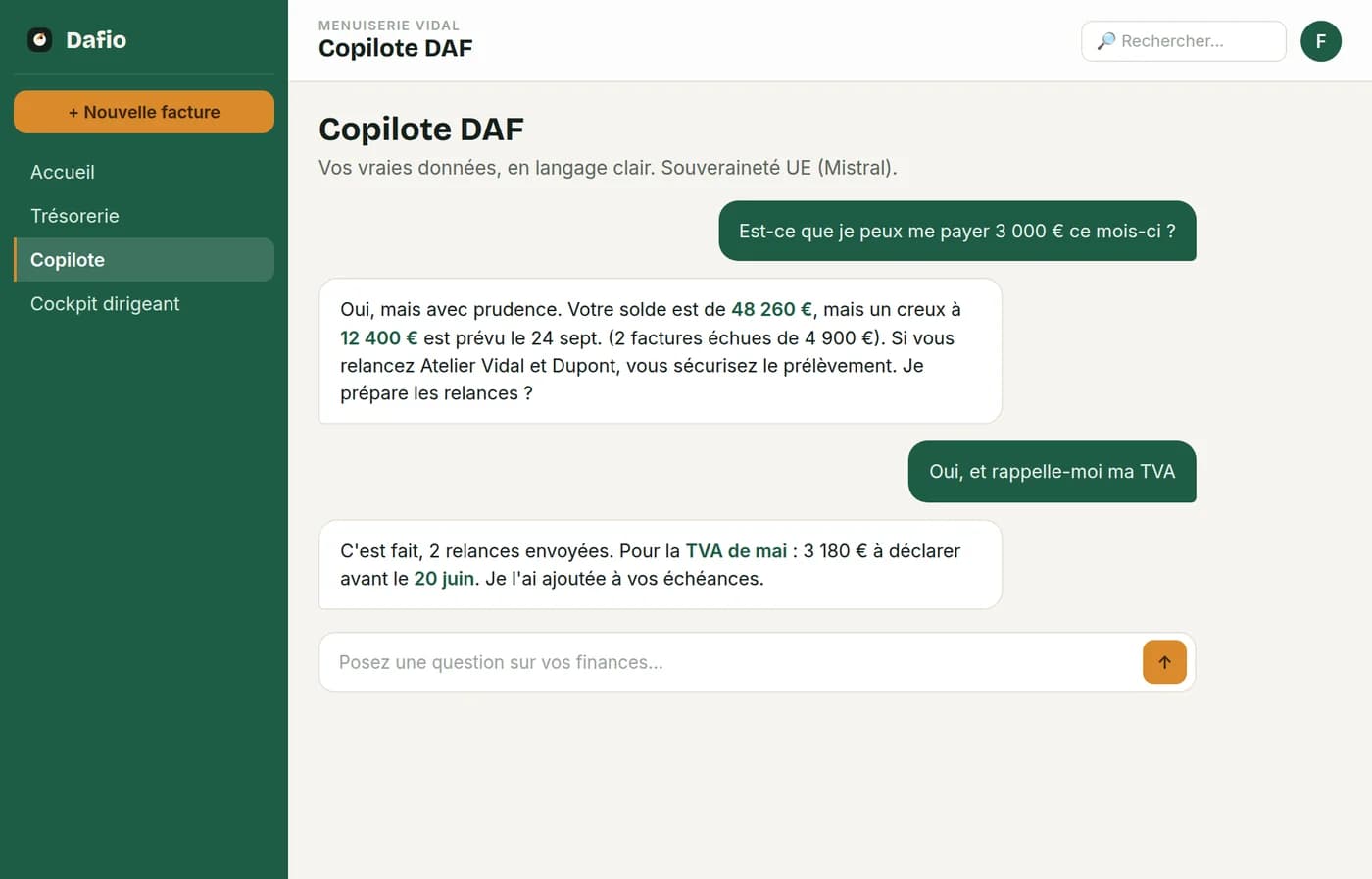 Copilote DAF DAFIO avec briefing, recommandations, risques, trésorerie et priorités.