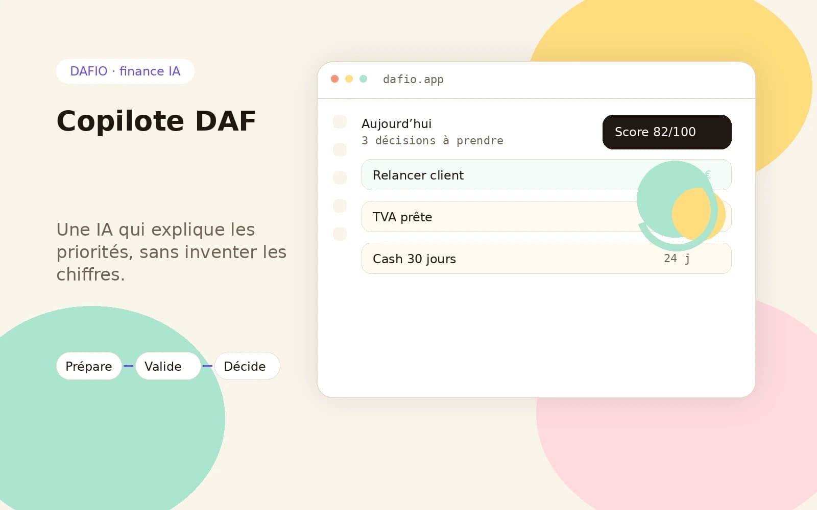Copilote DAF DAFIO avec briefing, recommandations, risques, trésorerie et priorités.