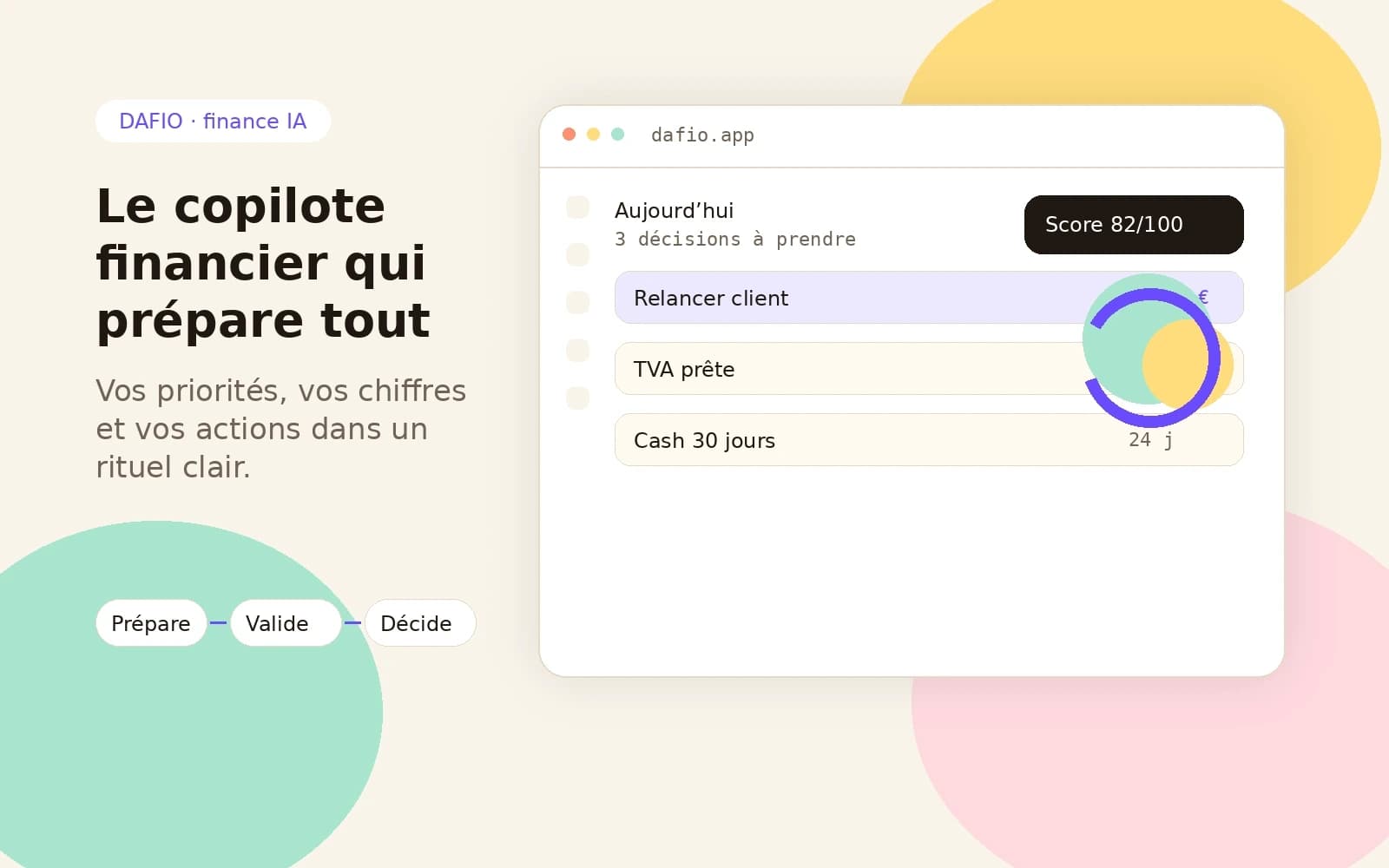 Dashboard DAFIO avec priorités du matin, trésorerie, TVA, relances et Copilote DAF.