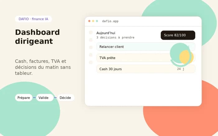 Vue dirigeant DAFIO avec santé société, cash disponible, priorités et décisions.