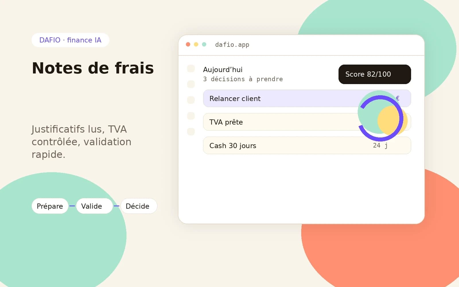 Parcours DAFIO de notes de frais avec OCR, justificatifs, TVA et rapprochement.